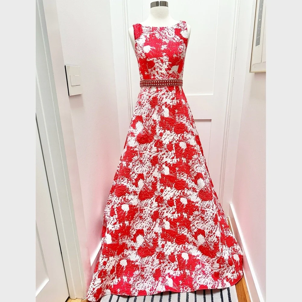 JOVANI Red and White Print Backless A-Line Evening Gown - Picture 5 of 16